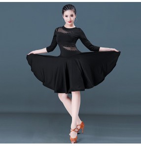 Women's girls latin dance dresses black with rhinestones competition stage performance rumba samba chacha salsa dance dress skirt