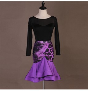 Women's girls latin dance dresses competition stage performance black with purple latin salsa chacha rumba dance dresses
