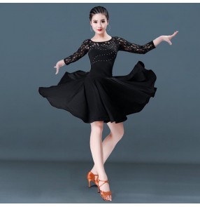 Women's girls latin  dance dresses lace black colored rumba salsa samba competition stage performance dress skirts