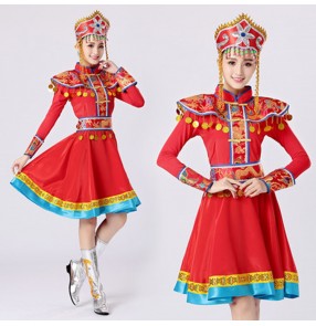 Women's girls Mongolian dance costumes Chinese traditional Mongolia minority folk dance robes dresses with headdress