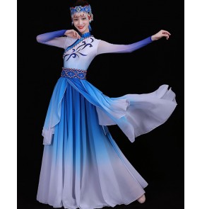 Women's girls mongolian dresses chinese folk dance dress white with blue handmade monglia minority stage performance drama cosplay robes