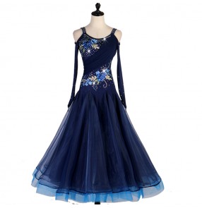 Women's girls navy blue ballroom dancing dresses stage performance professional competition waltz tango dance dresses