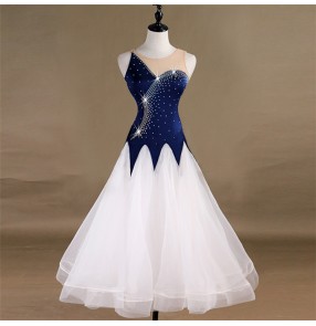 Women's girls navy red colored ballroom dancing dresses diamond waltz tango dancing flamenco dresses