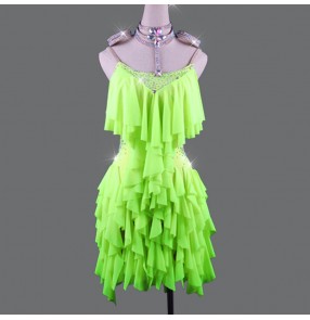 Women's girls neon green fringes competition latin dance dresses salsa chacha rumba dance dress