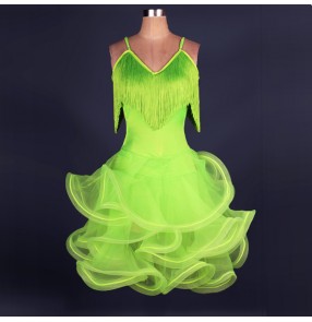 Women's girls neon green yellow long  tassel salsa latin dance dress S-2XL