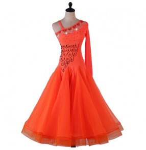 Women's girls orange ballroom dancing dresses competition female waltz tango stage performance long length dresses