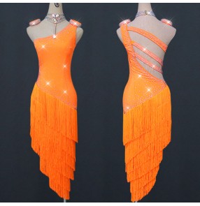 Women's girls orange fringes competition latin dance dresses rhythem salsa dance dress