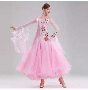 Women's girls pink mint red embroidered rose diamond competition ballroom dancing dresses waltz flamenco tango dance dresses