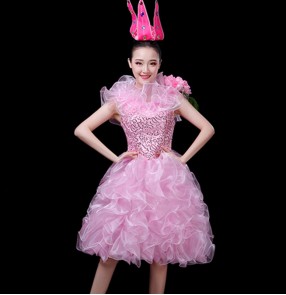 Women's girls pink sequin modern jazz dance dress choir dresses singers stage performance group performance dresses
