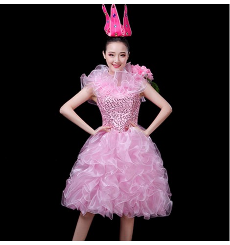 Women's girls pink sequin modern jazz dance dress choir dresses singers ...