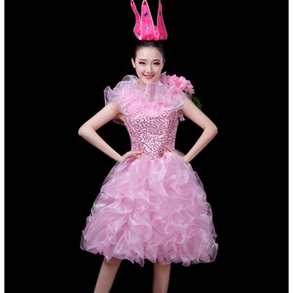 Women's girls pink sequin modern jazz dance dress choir dresses singers ...