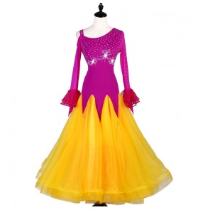 Women's girls pink with yellow competition ballroom dancing dresses tango waltz dance dress