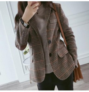 Women's girls Plaid suit jacket spring and autumn Korean style ladies blazers slim retro small suit jacket