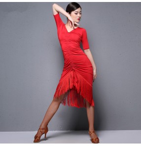 Women's girls red black competition tassels latin dance dresses modern dance salsa chacha rumba dance dress skirts costumes