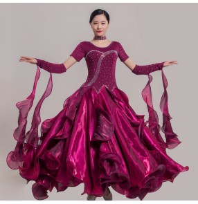 Women's girls rhinestone competition ballroom dancing dresses wine purple green pink stage performance modern dance flamenco waltz tango dance dress