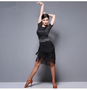 Women's girls royal blue black red tassesl diamond competition latin dance dresses salsa rumba chacha samba dance dress costumes