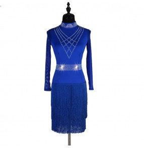 Women's girls royal blue black rhinestones competition latin dance dresses tassels modern dance salsa rumba chacha dance skirts costumes