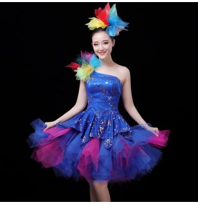 Women's girls royal blue sequins modern dance singers jazz dance dresses chorus stage performance cheer leaders lead dancers opening dance dresses