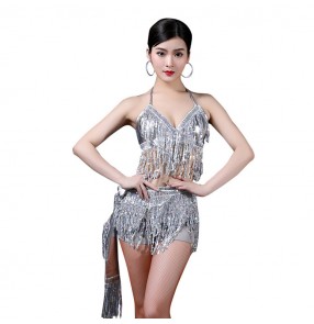 Women's girls sequin fringes jazz dance costumes latin dance dresses stage performance night club dj cheerleaders outfits costumes