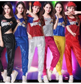 Women's girls sequin hiphop dance costumes gogo group dancers stage performance modern dance tops and pants