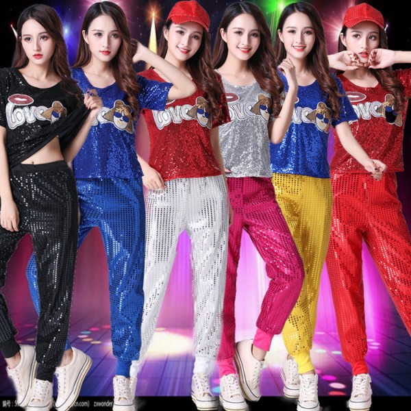 Women's girls sequin hiphop dance costumes gogo group dancers stage  performance modern dance tops and pants