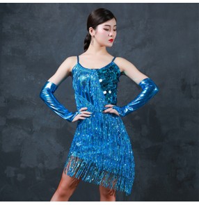 Women's girls sequin latin dance dresses silver gold turquoise pink stage modern dance salsa rumba chacha flapper dresses