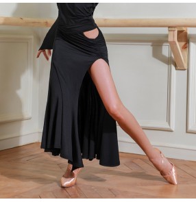 Women's girls side split sexy black latin dance skirts ballroom rhythem chacha salsa dance skirts