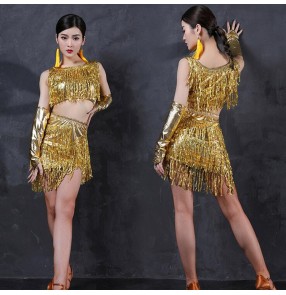 Women's girls silver gold blue red sequins latin jazz dance costums night club latin salsa rumba chacha samba dance dress 