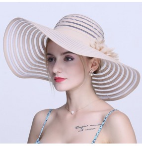 Women's girls summer straw beach sun hats large brim fordable church hats 