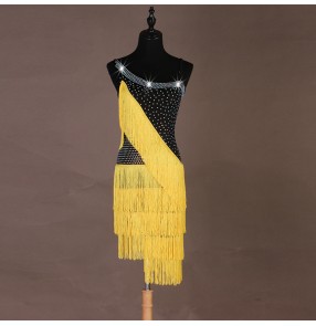 Women's girls tassels competition black with yellow latin dance dresses female chacha rumba salsa samba dance dresses skirts costumes