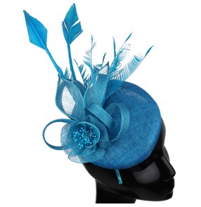 Women's girls turquoise cocktail banquet party sinamay pillbox top hats linen show catwalk fascinators hats 