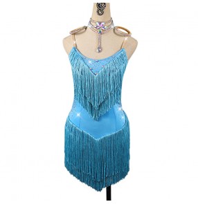Women's girls turquoise fringes competition latin dance dresses salsa chacha dance dress costumes
