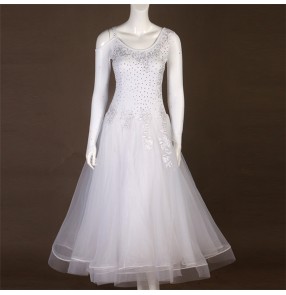 Women's girls white colored ballroom dancing dresses stage performance waltz tango dance dresses costumes