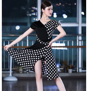 Women's girls white polka dot printed latin dance dresses salsa rumba samba chacha rhythm dance dresses costumes