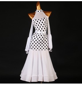 Women's girls white with black polka dot ballroom dance dresses off shoulder long sleeves waltz tango dance dress ballroom dancing costumes 