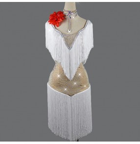 Women's girls white with flesh diamond competition latin dance dresses