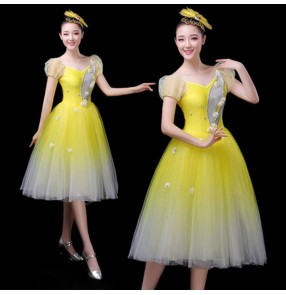Women's girls yellow modern dance chorus group dancers party stage performance dresses