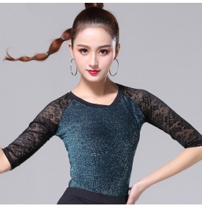 Women's glitter lace ballroom latin dance tops stage performance rumba chacha salsa samba dance shirts