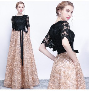 Women's gold with black lace evening dresses host cocktail party celebration bridesmaid dresses host singers stage performance long dress