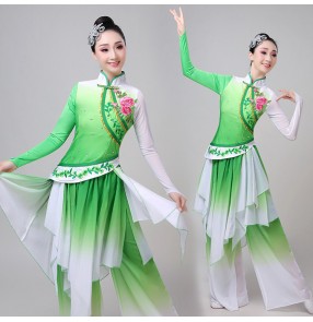 Women's green chinese folk dance costumes fairy dress ancient traditional yangko umbrella fan dance dresses