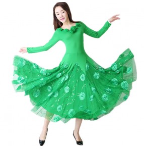 Women's green color ballroom dancing dresses exercises practice waltz tango dance dress costumes