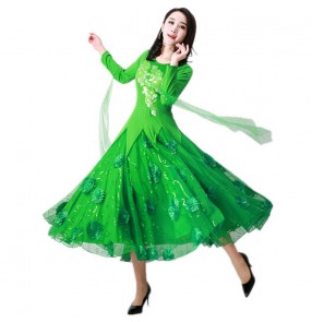 Women's green color competition ballroom dancing dresses waltz tango dance costumes