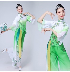 Women's green flowers chinese folk dance costumes yangko dance costumes for female classical traditional fan umbrella dance for women
