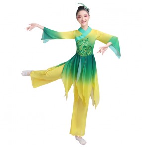 Women's green with yellow gradient Chinese folk dance costumes yangko fan umbrella dance traditional classical dance dress