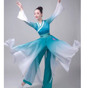 Women's hanfu blue gradient colored chinese folk dance costumes ancient traditional yangko kimono dresses fairy dresses  costumes