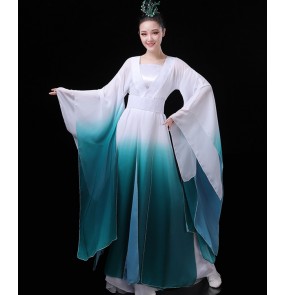 Women's hanfu pink green gradient colored fairy cosplay korean japanese dresse chinese folk dance costumes ancient classical dance dresses