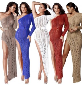 Women's High Split Knitted Beach Maxi Dress sexy night club off inclined Shoulder Cutout Sexy Dress