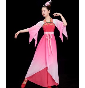 Women's hot pink chinese folk dance costumes yangko dress hanfu ancient traditional classical fan umbrella dance dress
