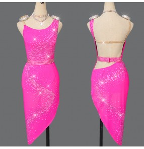 Women's hot pink diamond competition latin dance dresses salsa chacha rumba dance dress