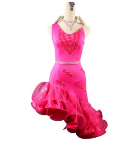 Women's hot pink rhinestones competition latin dance dressesrobe de danse latine rose pour femme